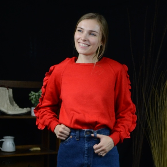 Vintage Bright Red Sweater w/ Ruffle Sleeves - S/M - Picture 1 of 4